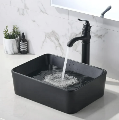 19x15 Matte Black Ceramic Vessel Sink Faucet Combo Rectangle Above Counter