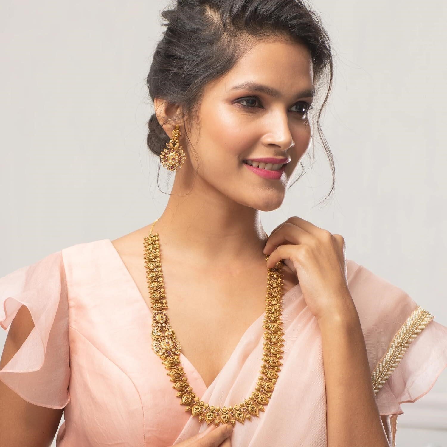 TARINIKA Indian Bridal Antique Gold Long Haaram Necklace Set CZ Peacock Earrings