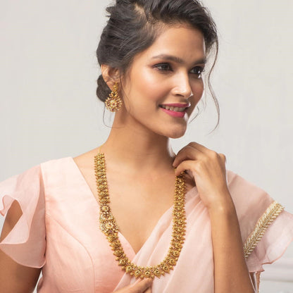 TARINIKA Indian Bridal Antique Gold Long Haaram Necklace Set CZ Peacock Earrings