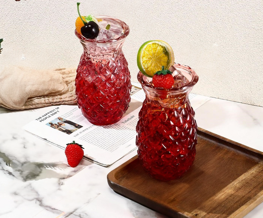 Pineapple Glass Cocktail Cups Set of 4 Tropical Tiki Bar Red Ombre 18 oz Glasses
