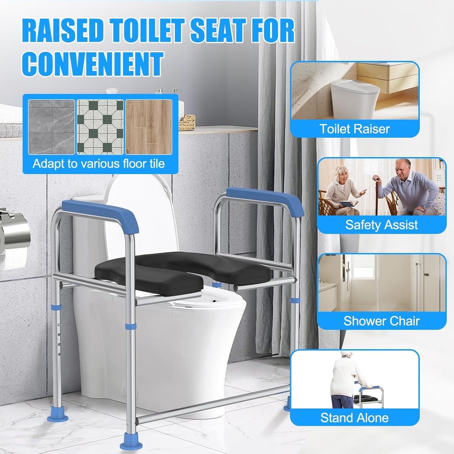 Raised Toilet Seat Handles 400lb Padded Riser Adjustable Senior Bariatric Safety