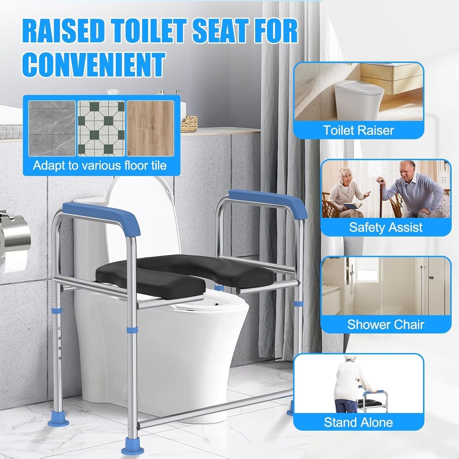 Raised Toilet Seat Handles 400lb Padded Riser Adjustable Senior Bariatric Safety