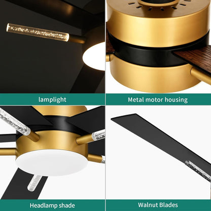 YITAHOME 60" Ceiling Fan Light Remote Crystal Rod Black Gold DC 5 Blade LED