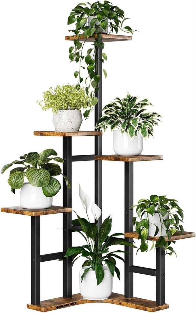6 Tier Corner Plant Stand 43in Tall Wood Shelf Indoor Rustic Brown L-Shape