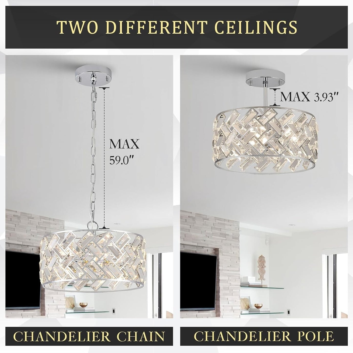 12" Crystal & Polished Chrome 4-Light Chandelier - Modern Drum Pendant Light