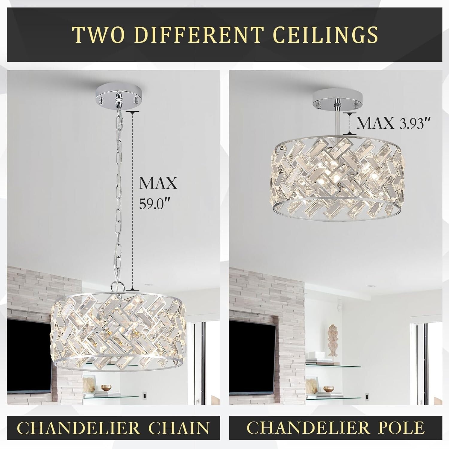 12" Crystal & Polished Chrome 4-Light Chandelier - Modern Drum Pendant Light