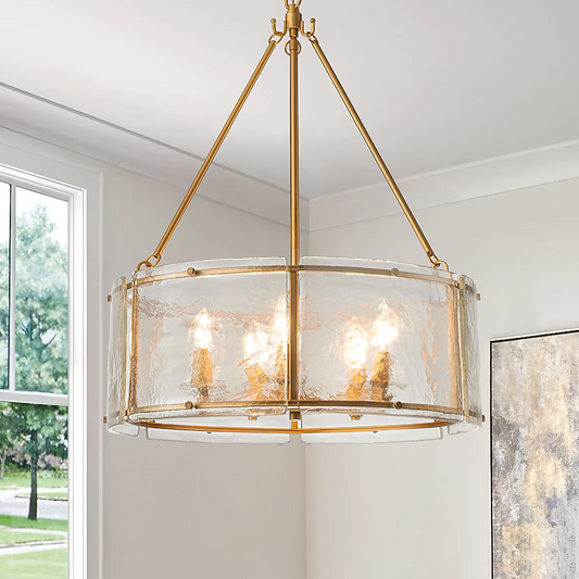 Gold Drum Chandelier 5-Light Ribbed Glass Pendant Dining Kitchen Island Dimmable