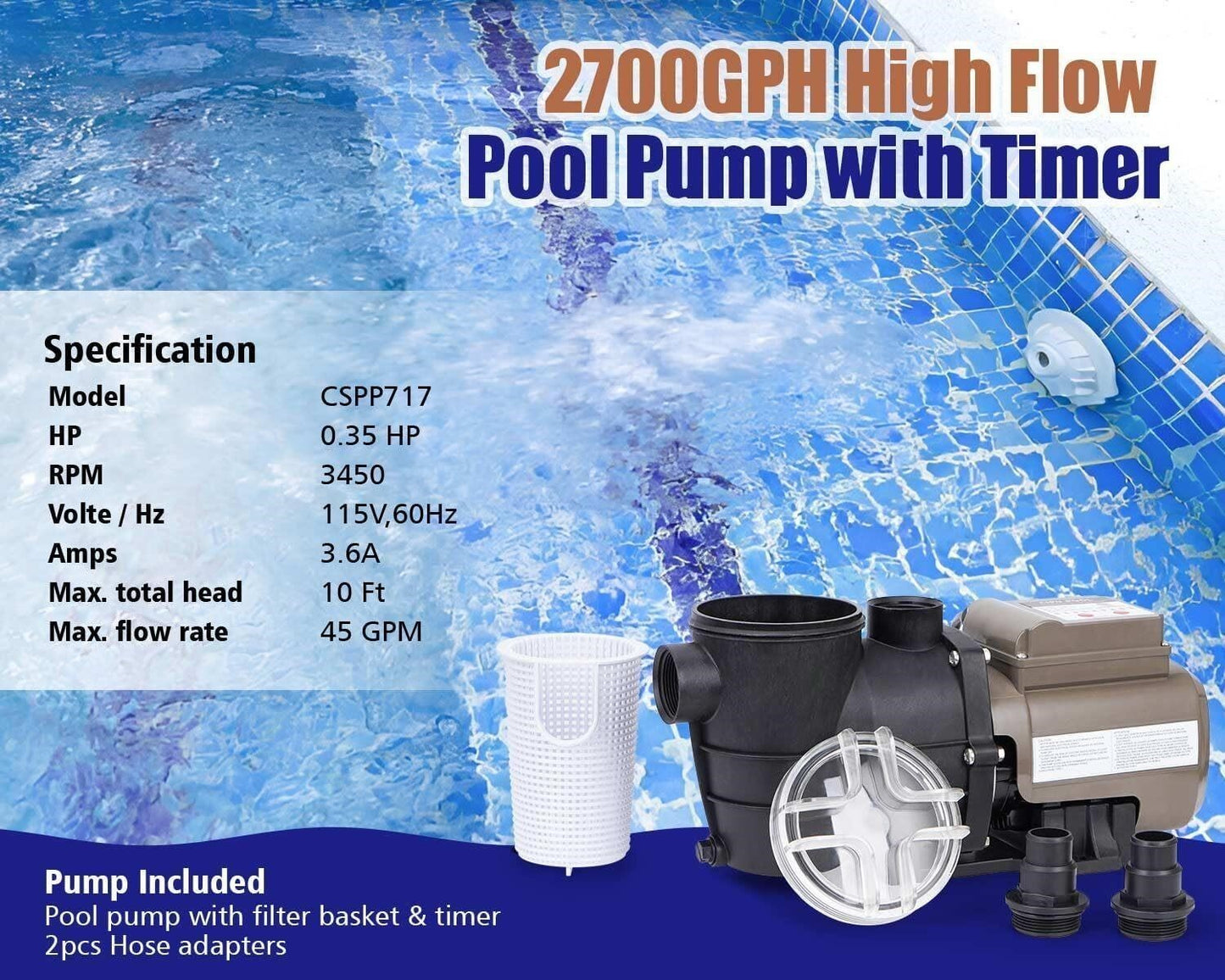 CIPU 0.35HP 2700GPH Pool Pump Built-In Timer 115V Above Ground Self Priming New
