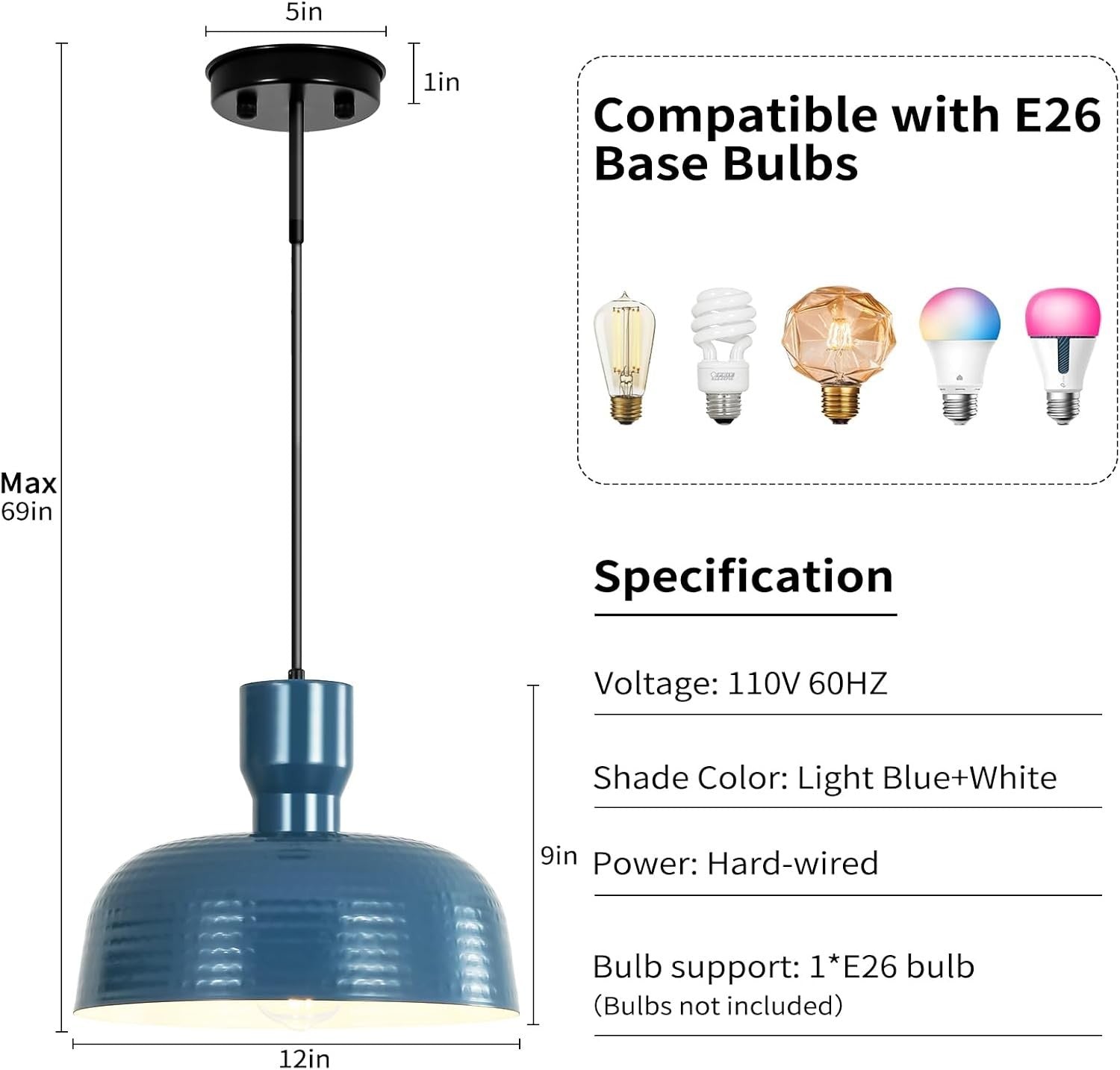Modern Farmhouse Blue Pendant Light 12" Hammered Metal Dome Kitchen Island Lamp