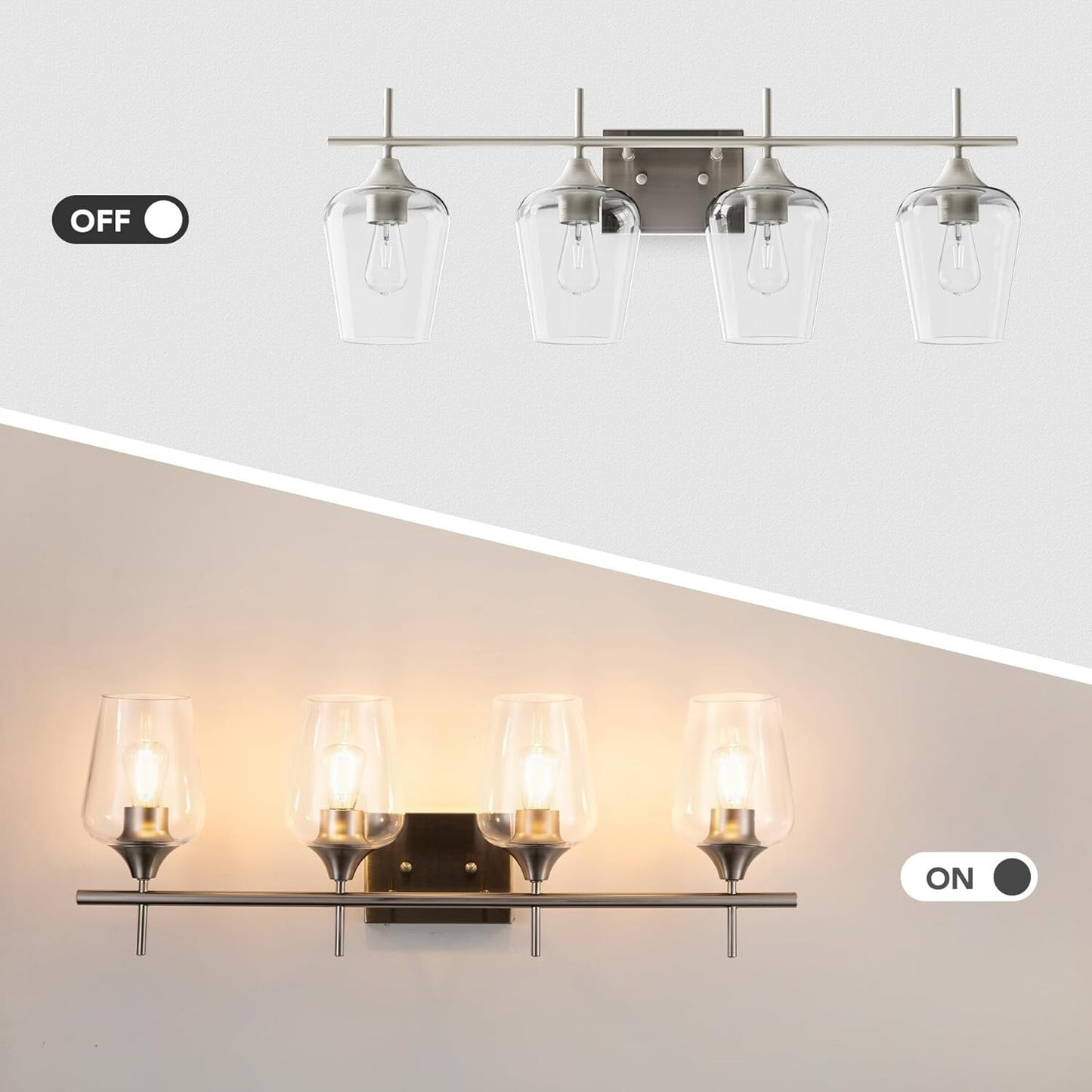 4-Light Vanity Fixture - Clear Glass Shades - Brushed Nickel - VONLUCE