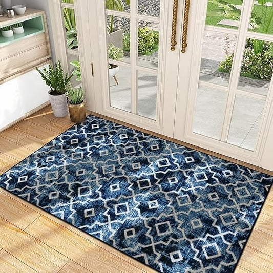 3x5 Moroccan Trellis Indoor Door Mat Washable Non-Slip Entry Rug Blue Distressed
