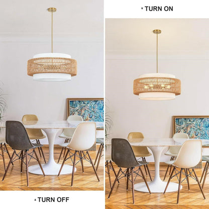 6-Light Rattan Chandelier - 25.6" Adjustable Hand Woven Drum Light - Dimmable