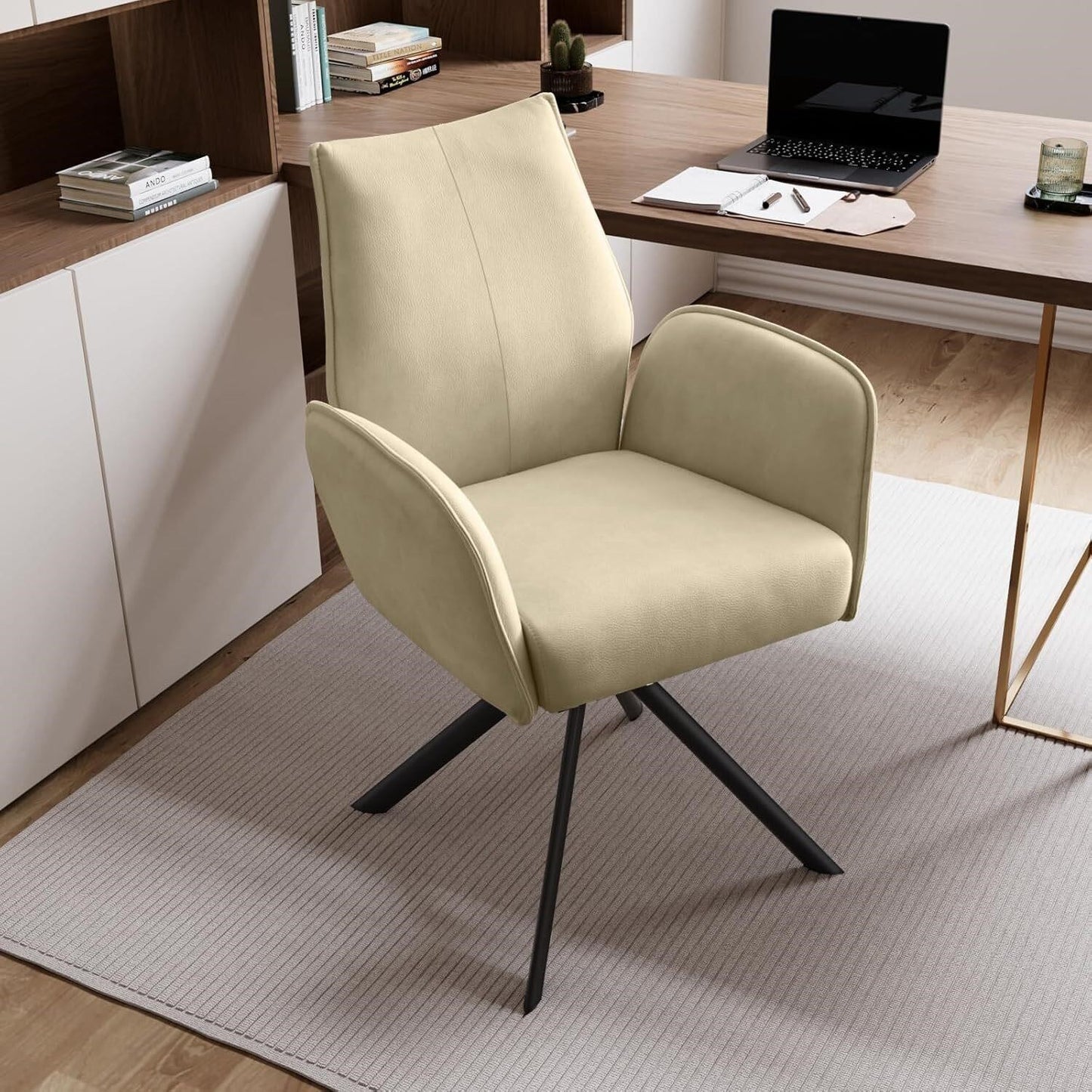 Swivel Office Chair No-Wheel Beige PU Leather 330 lbs Home Desk Vanity