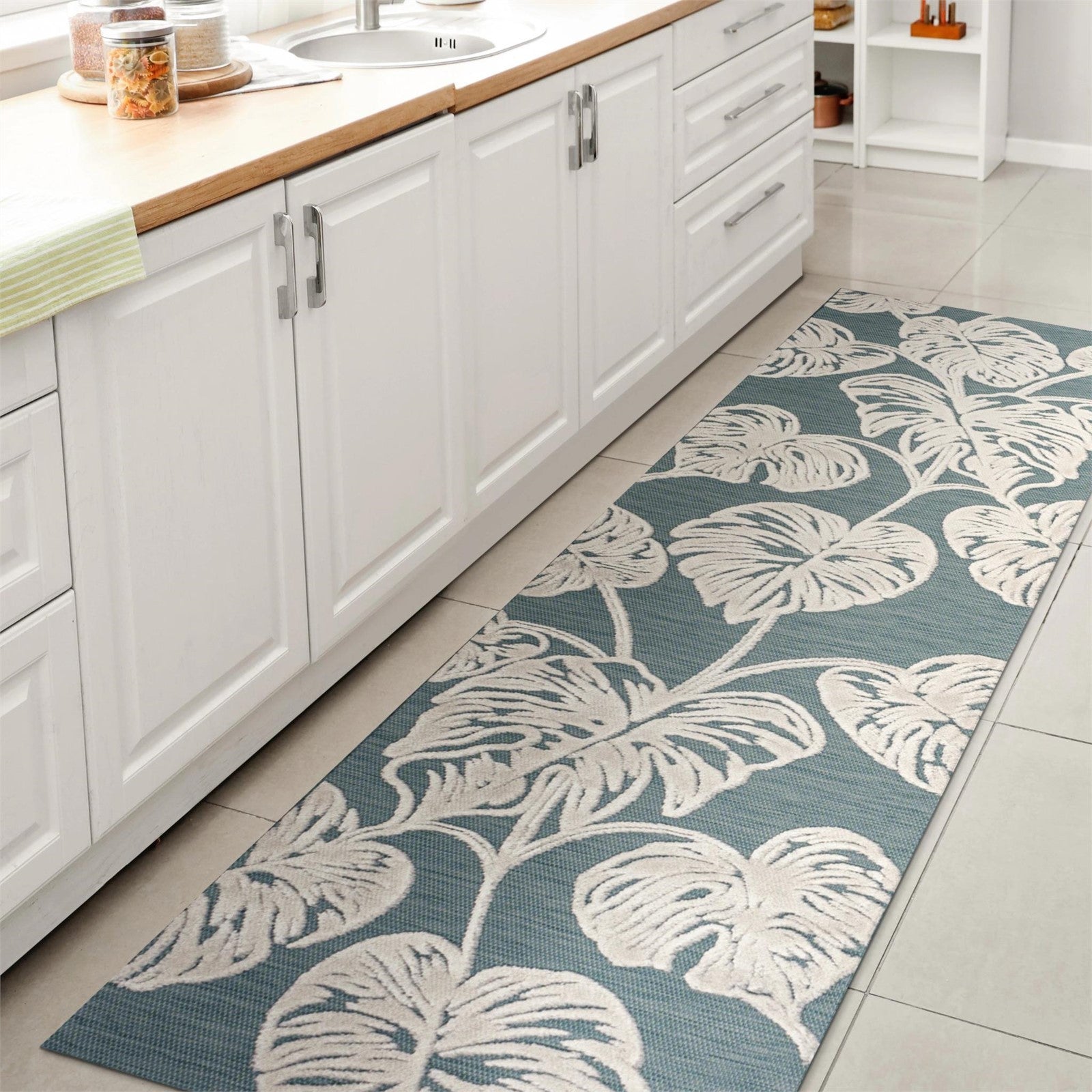 JONATHAN Y Hawaii Tobago Monstera Runner Rug 2x8 Indoor Outdoor Blue Ivory