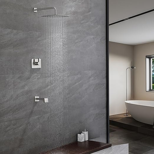 12 Inch Rain Shower Head Tub Spout Trim Kit Brushed Nickel Valve Included Square