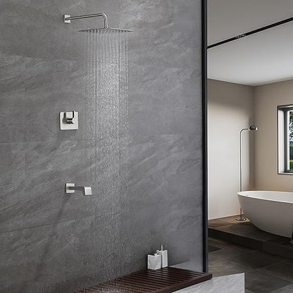 12 Inch Rain Shower Head Tub Spout Trim Kit Brushed Nickel Valve Included Square
