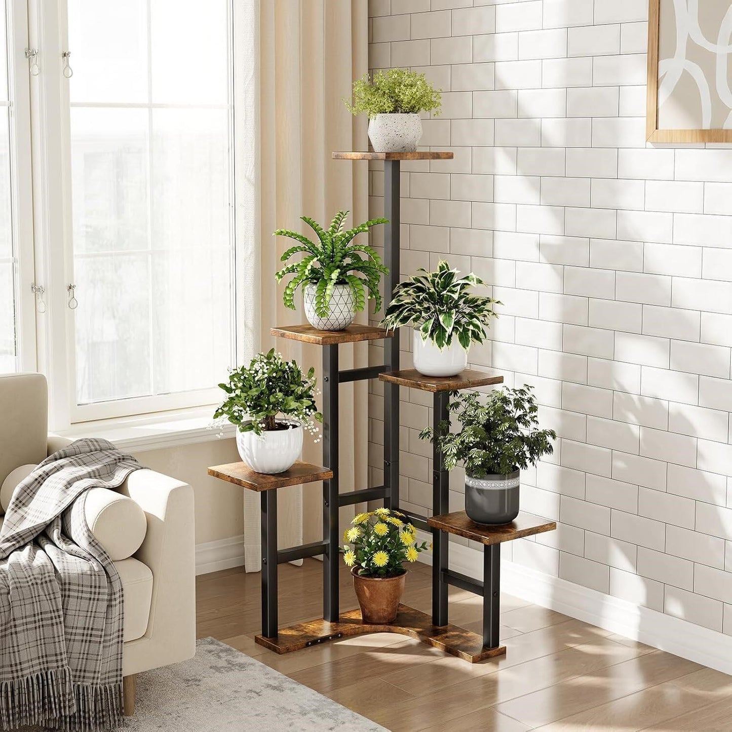 6 Tier Corner Plant Stand 43in Tall Wood Shelf Indoor Rustic Brown L-Shape