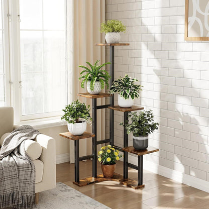 6 Tier Corner Plant Stand 43in Tall Wood Shelf Indoor Rustic Brown L-Shape
