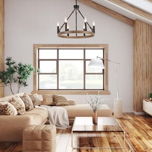 Rustic 24" Wagon Wheel Chandelier - 6-Light Wood Grain Farmhouse Fixture - ZVL