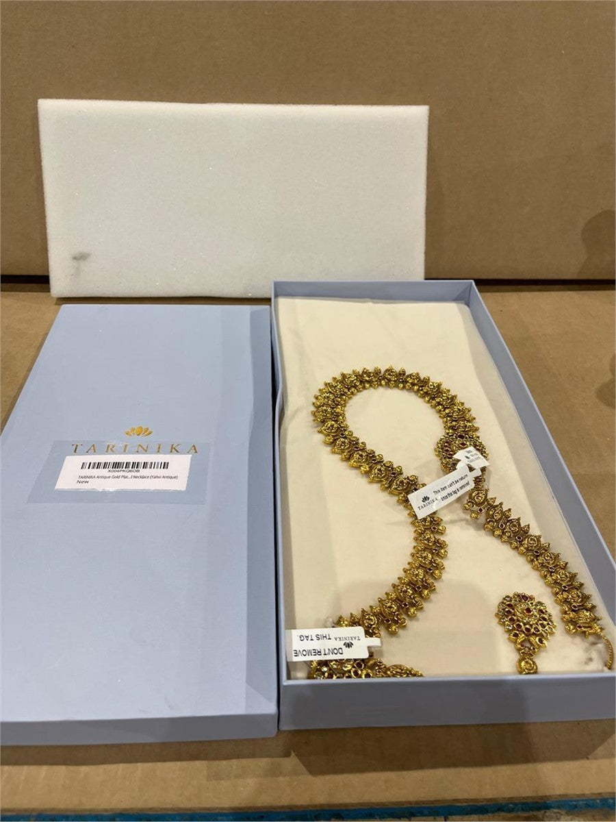 TARINIKA Indian Bridal Antique Gold Long Haaram Necklace Set CZ Peacock Earrings