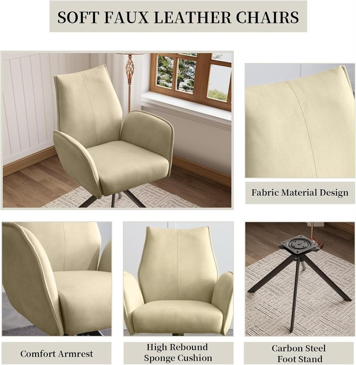 Swivel Office Chair No-Wheel Beige PU Leather 330 lbs Home Desk Vanity