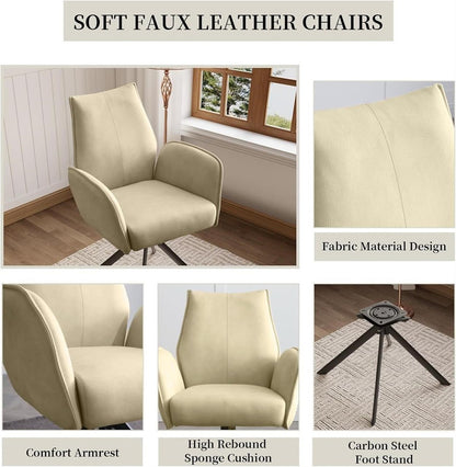 Swivel Office Chair No-Wheel Beige PU Leather 330 lbs Home Desk Vanity