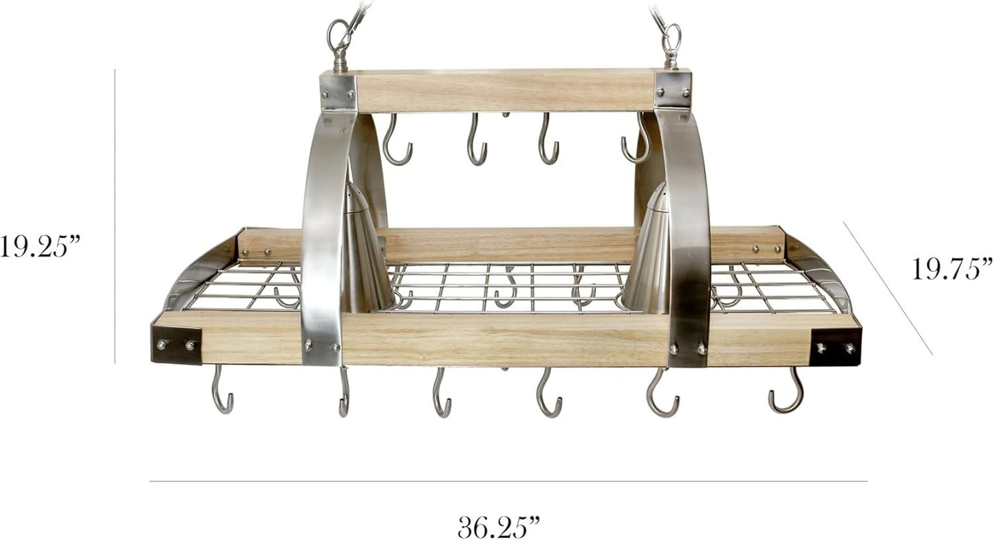 Elegant Designs PR1001-WOD 2-Light Wood Pot Rack 16 Hooks Downlights Nickel