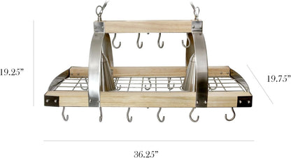 Elegant Designs PR1001-WOD 2-Light Wood Pot Rack 16 Hooks Downlights Nickel