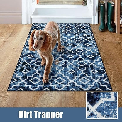 3x5 Moroccan Trellis Indoor Door Mat Washable Non-Slip Entry Rug Blue Distressed