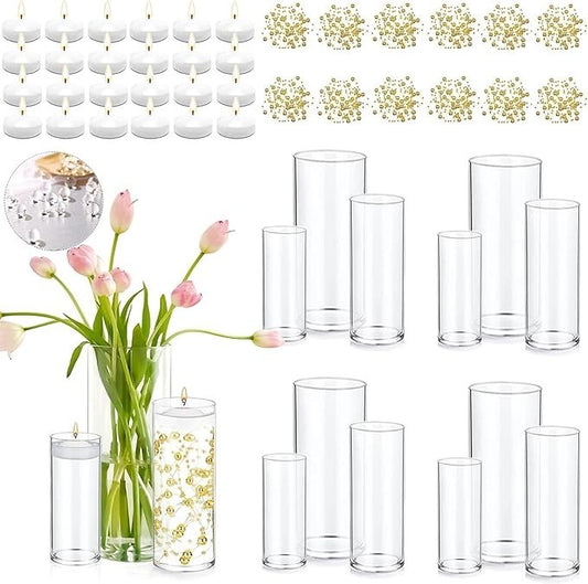 12 PCS Glass Vases for Centerpieces with 24 PCS Floating Candles for 12 SET