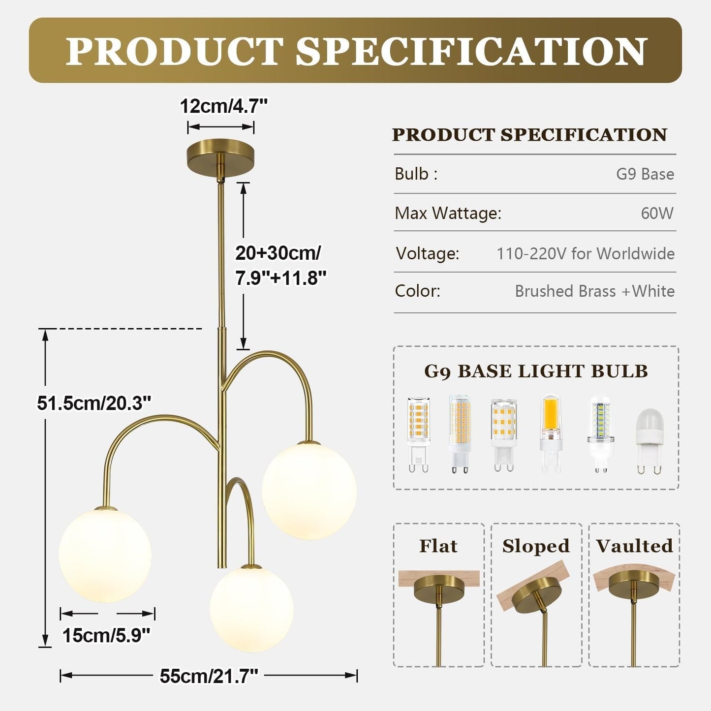 3-Light Pink Glass Globe Pendant Chandelier 21.7" Brass Gold Dimmable G9