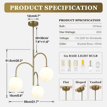3-Light Pink Glass Globe Pendant Chandelier 21.7" Brass Gold Dimmable G9