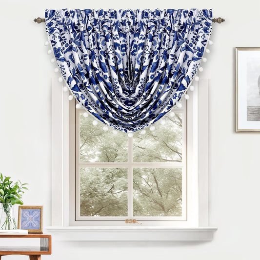 DriftAway Julia Waterfall Valance Navy Floral Pom Pom 52x18 Thermal Insulated