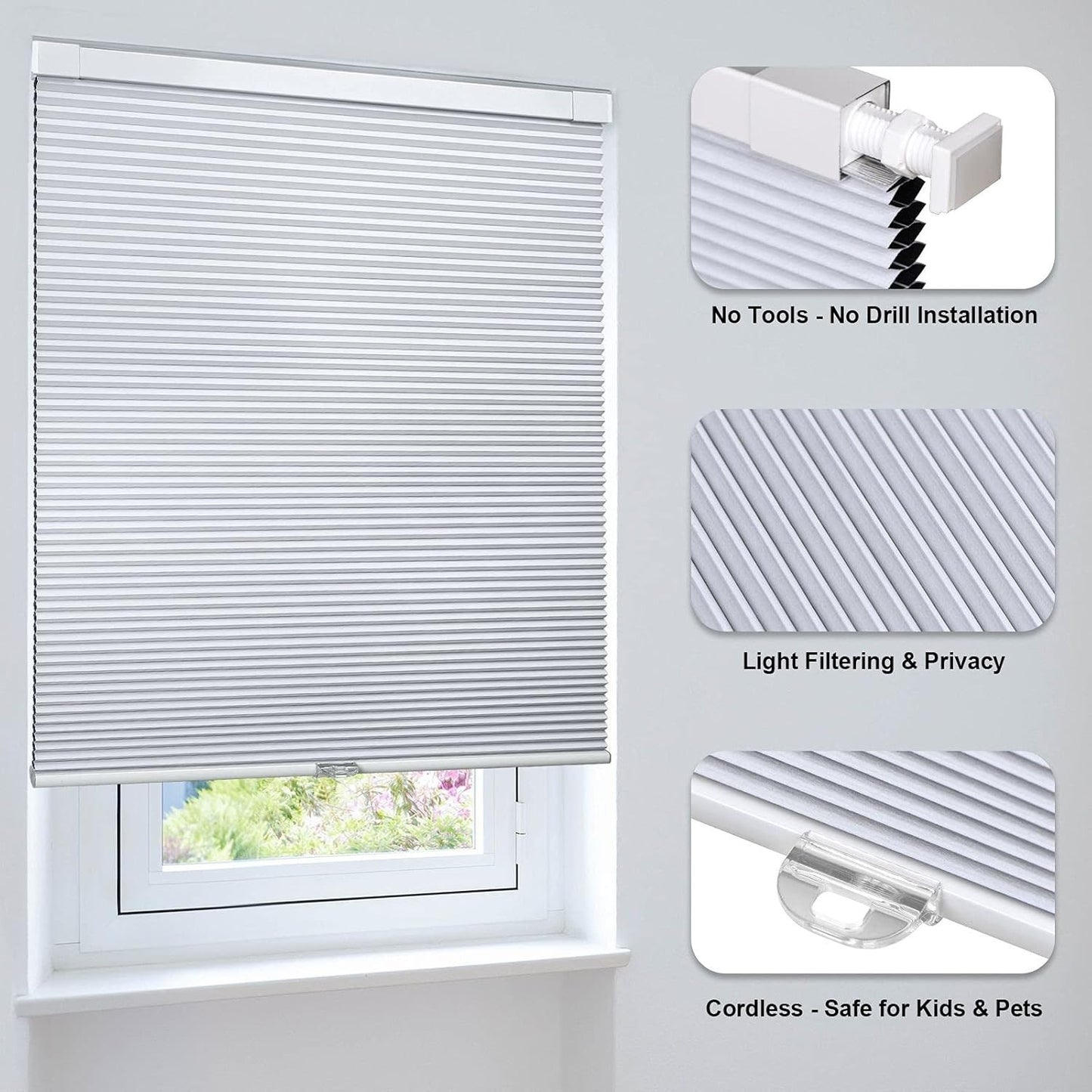 LazBlinds No Drill Cordless Blackout Shades – 24”x48” - Silver White Blinds