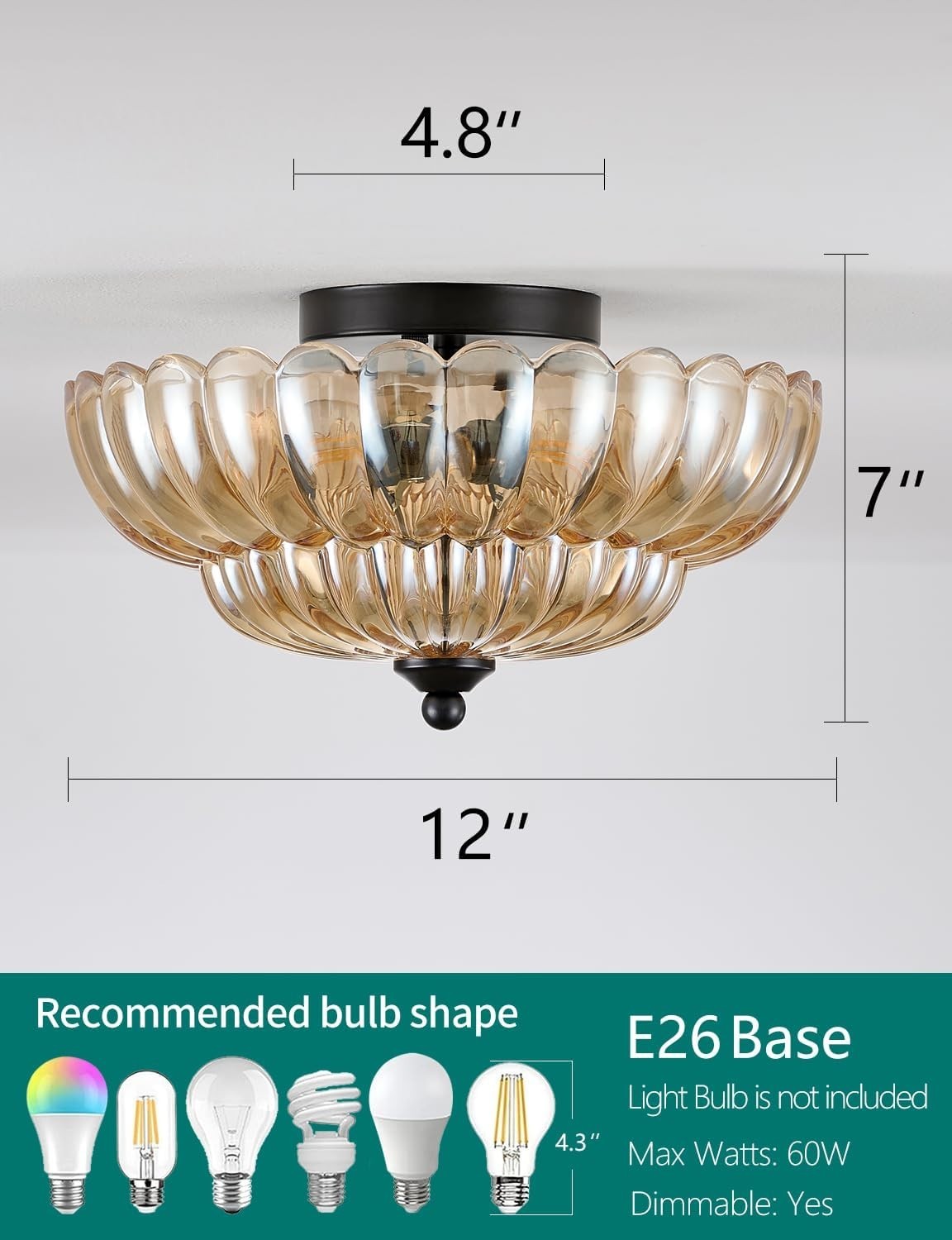 GloMuse Amber Glass Semi Flush Ceiling Light 12 Inch 3-Light E26 Black