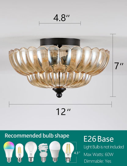 GloMuse Amber Glass Semi Flush Ceiling Light 12 Inch 3-Light E26 Black