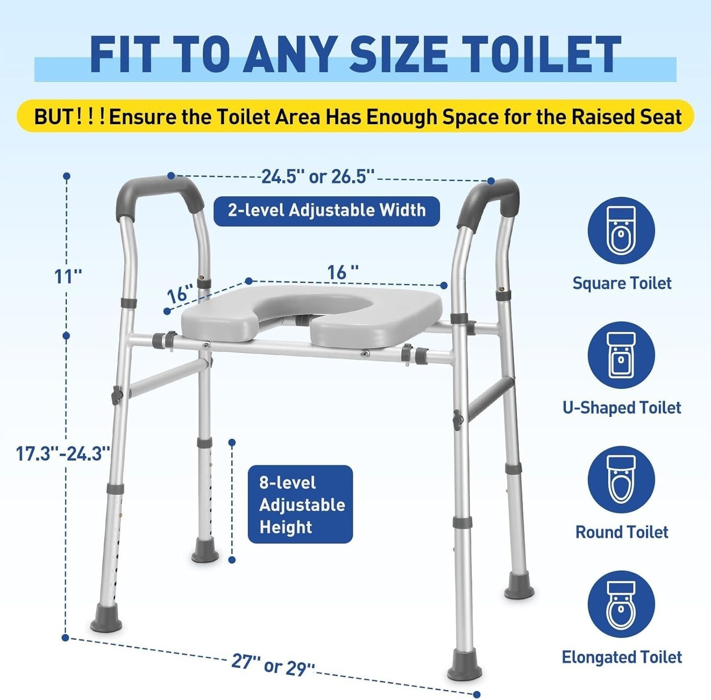 Raised Toilet Seat with Handles 500lb Heavy Duty Adjustable Riser Toilet/Shower