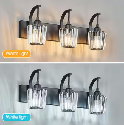 3-Light Crystal Vanity Light Black K9 Bathroom Over Mirror Sconce Dimmable 24in