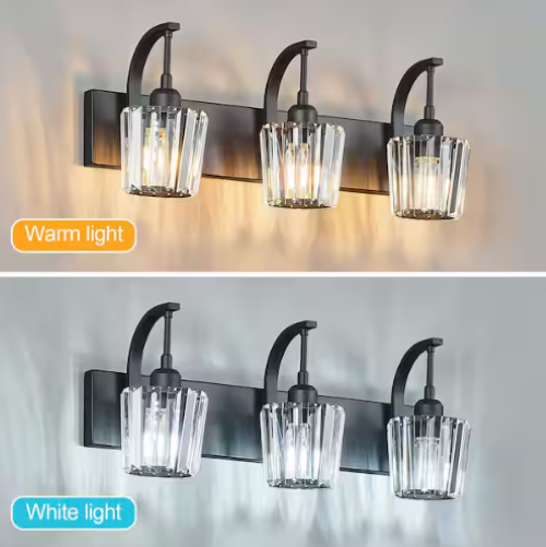 3-Light Crystal Vanity Light Black K9 Bathroom Over Mirror Sconce Dimmable 24in