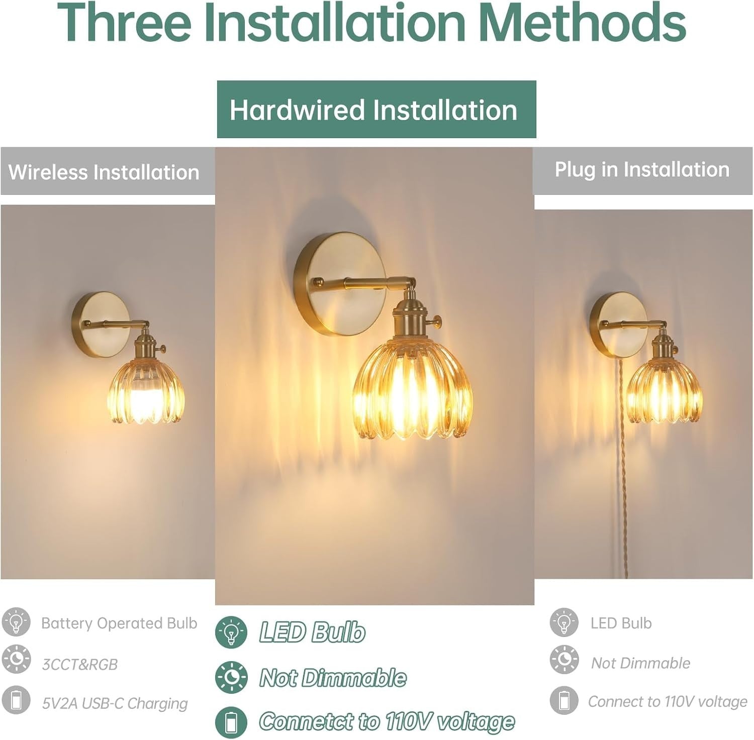 Vintage Wall Sconce 2-Pack Amber Tulip Glass Brass 180 Adjustable Hardwired LED