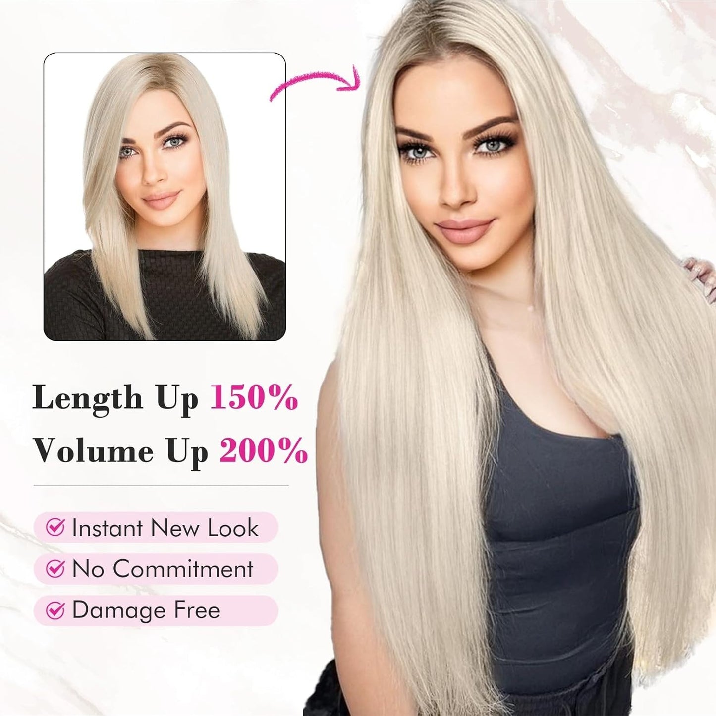 REECHO 11PC Clip In Hair Extensions 24" Straight Platinum Blonde HE005 Synthetic
