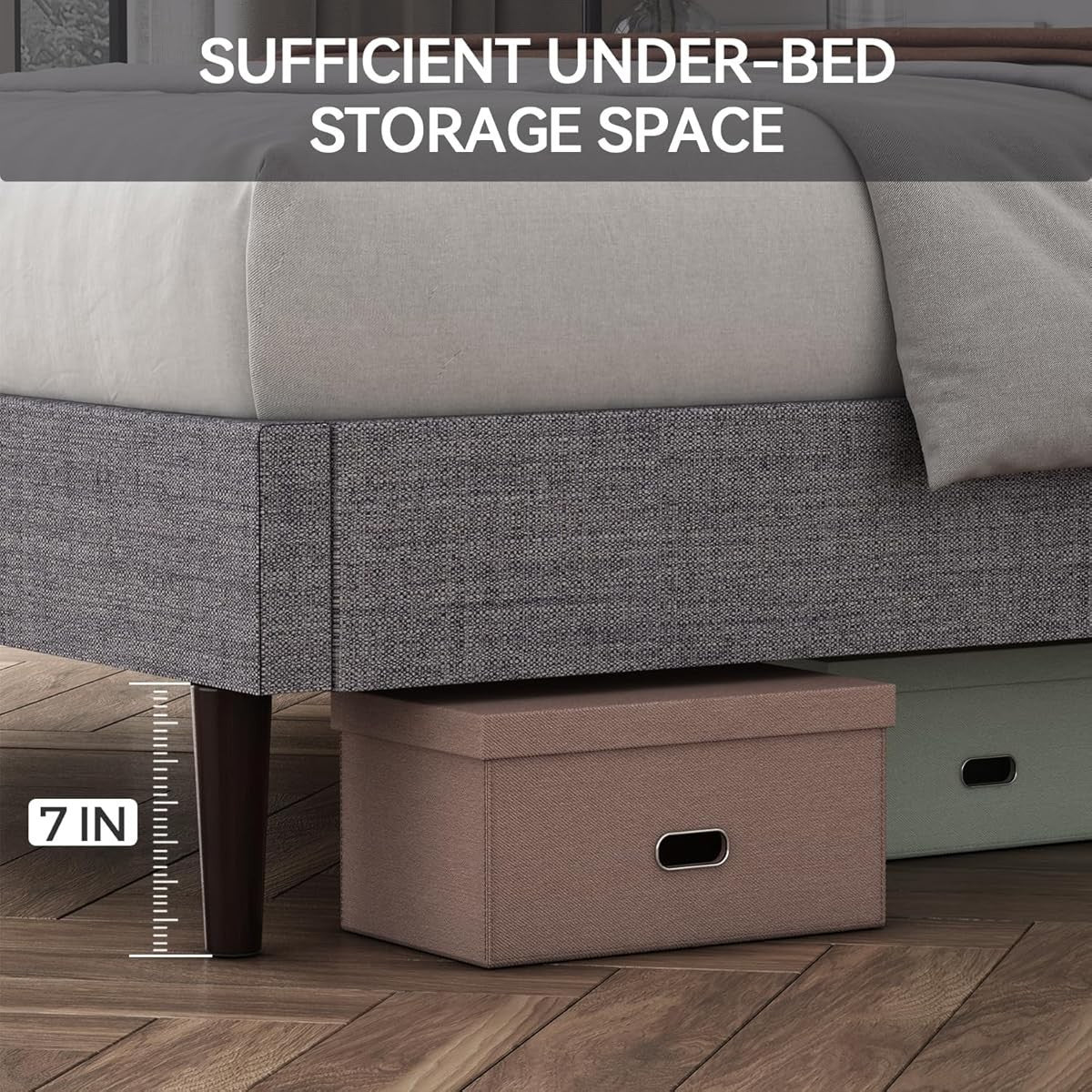 Akeacubo Queen Bed Frame — Grey Linen Tufted Headboard No Box Spring Needed New