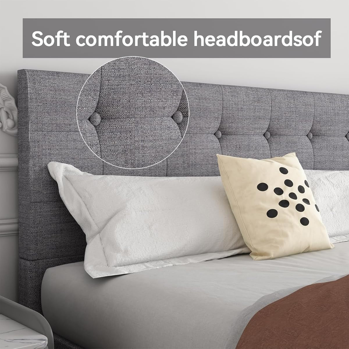 Akeacubo Queen Bed Frame — Grey Linen Tufted Headboard No Box Spring Needed New