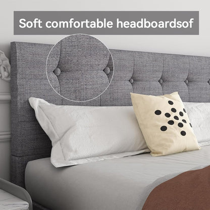 Akeacubo Queen Bed Frame — Grey Linen Tufted Headboard No Box Spring Needed New