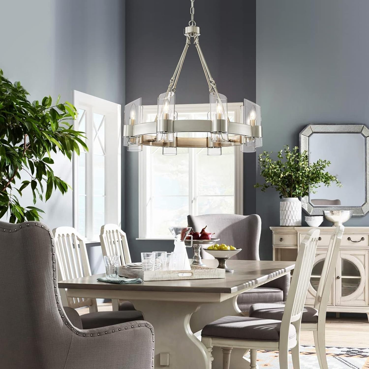 Industrial Farmhouse Wagon Wheel Chandelier - 26" Nickel Round Dining Room Light