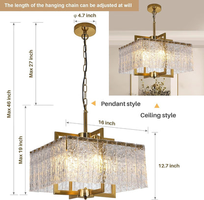 Modern Gold Square Chandelier Crystal Water Ripple Glass Pendant Light 16"