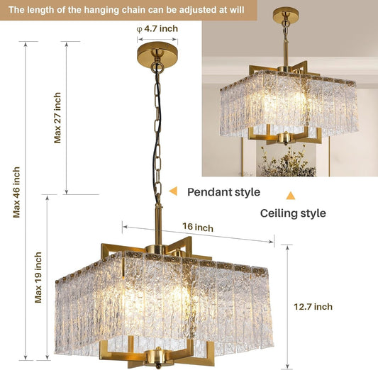 Modern Gold Square Chandelier Crystal Water Ripple Glass Pendant Light 16"