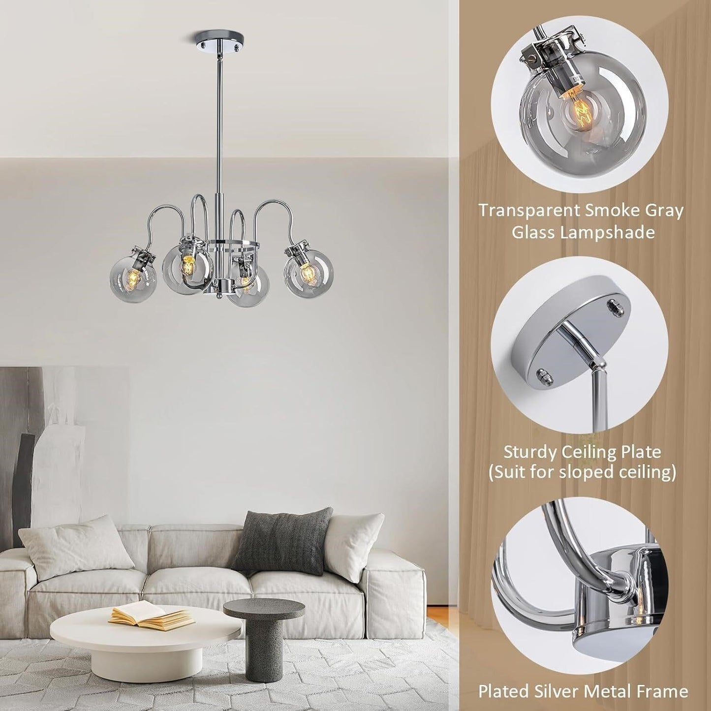 Modern 4-Light Chrome Sputnik Chandelier Smoke Grey Glass Globe E12