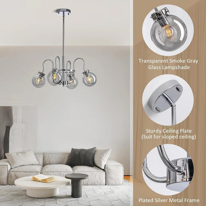 Modern 4-Light Chrome Sputnik Chandelier Smoke Grey Glass Globe E12