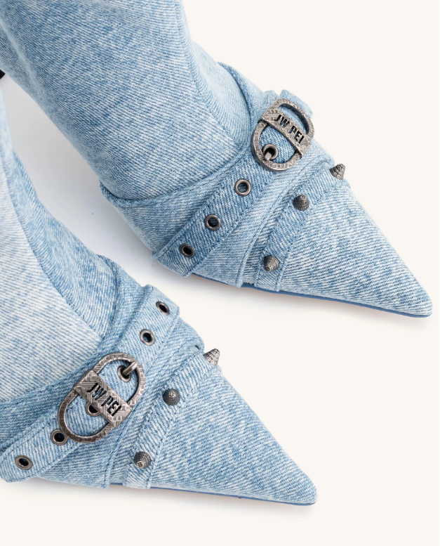 Nico Blue Denim Knee High Boot Pointed Toe Spool Heel Buckle Studded NIB